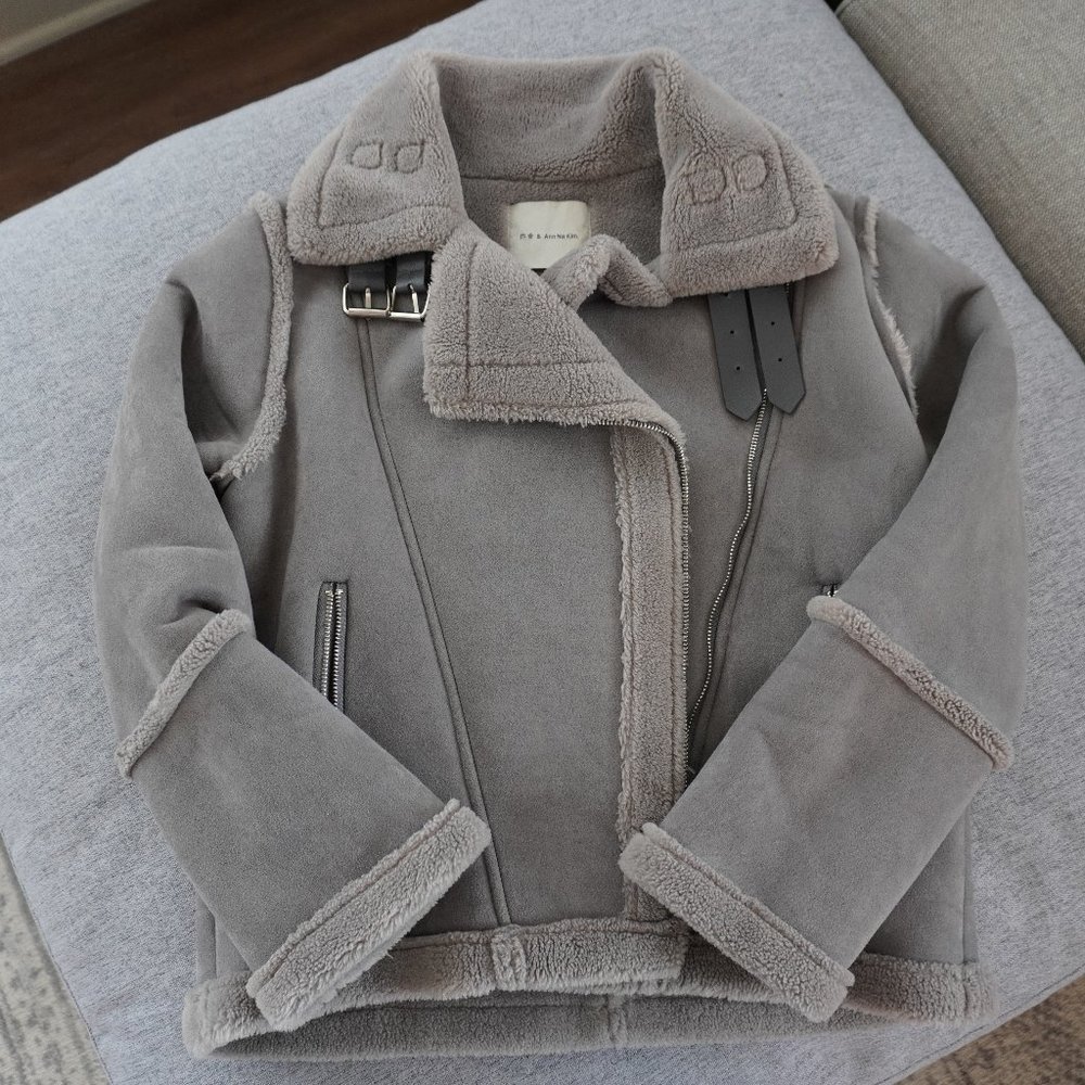 Great quality Grey suede leather teddy jacket with super warm Size S-M